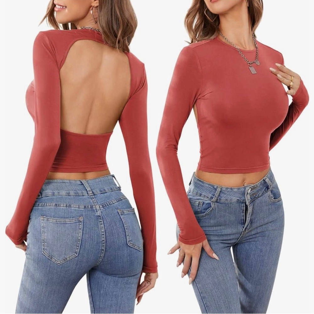 Open Back Long Sleeve Top in Rust